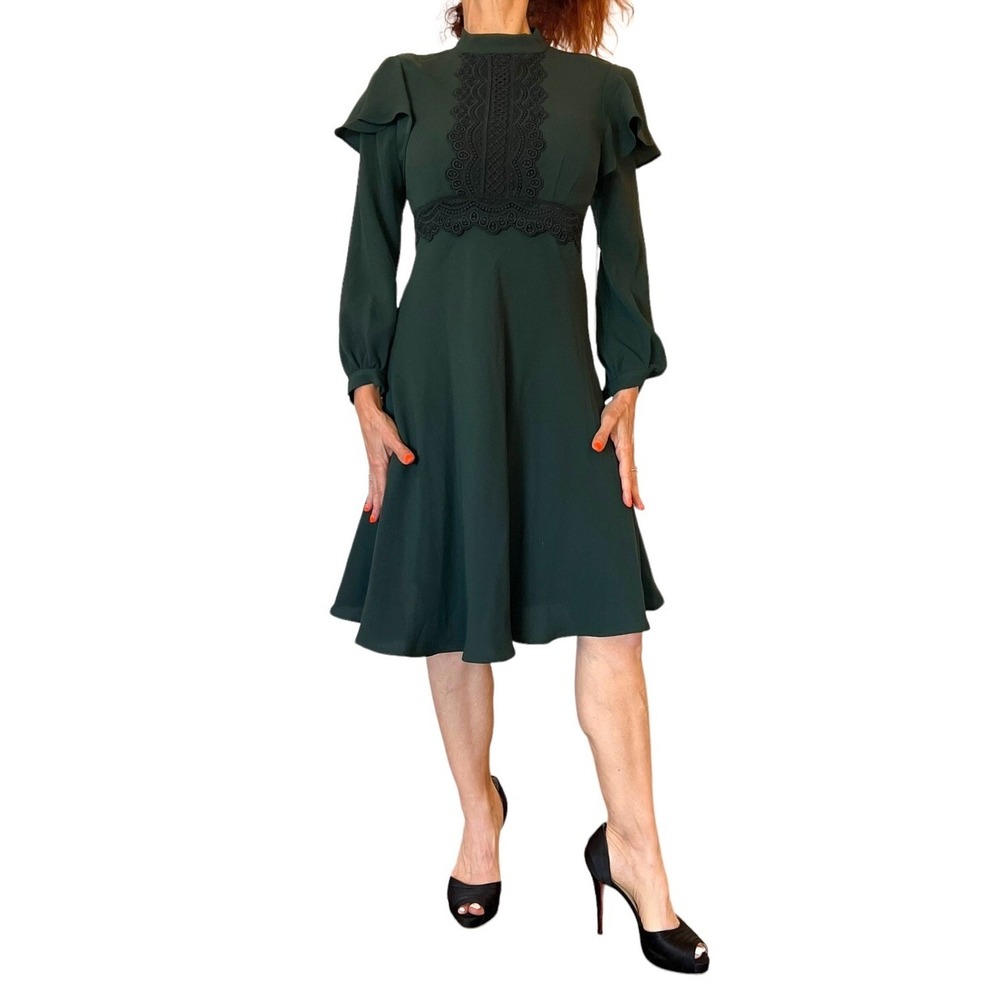 RICKIE FREEMAN TERI JON A LINE DRESS GREEN KNIT LONG SLEEVE LACE RUFFLE DETAIL 2